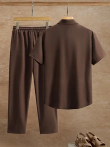 Manfinity Homme 男士純色雙排扣短袖襯衫與長褲套裝 - 咖啡棕 - 查看 3