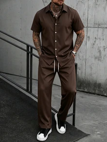 Manfinity Homme 男士純色雙排扣短袖襯衫與長褲套裝 - 咖啡棕 - 查看 8