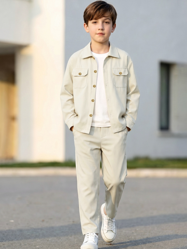 Boys 2Pcs Beige Long Sleeve Shirt Pants Set Back To School Minimalist Casual Outfit For Daily Wear Birthday Party Family Dinner Spring Autumn