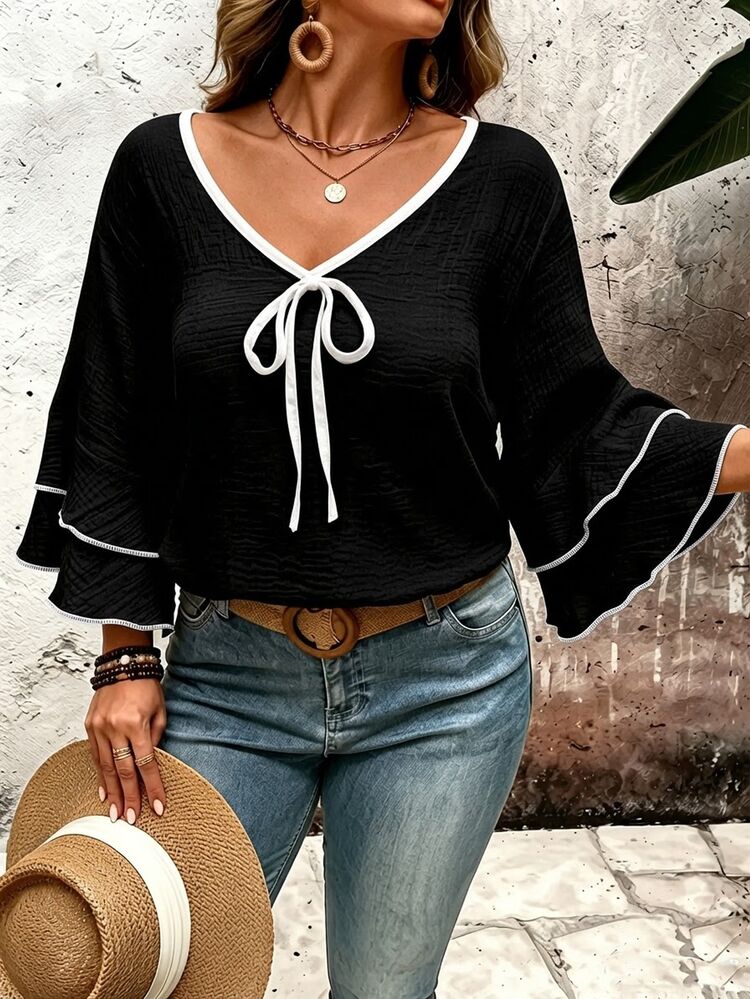 Linhara CURVE Plus Size Women's Casual Loose Textured Black Flare Double Layer Sleeve Blouse - Black - View 5