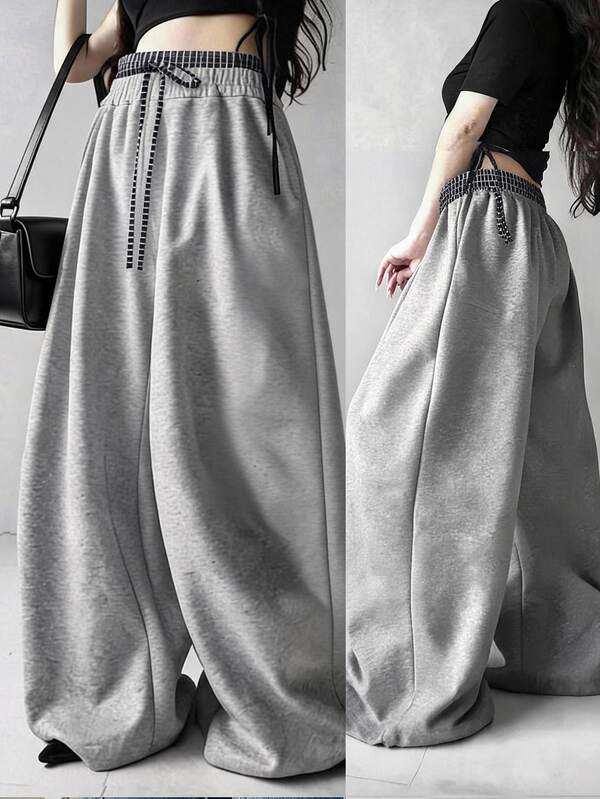 FRIFUL Women's Early Autumn New Korean Style Patchwork Plaid Waistband Drawstring Loose Sweatpants Long Pants