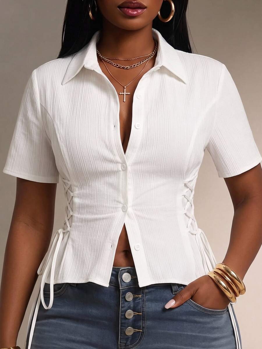 Radiana Plus Size Women's Spring/Summer Fashion Casual Sexy Elegant Adjustable Cross Strap Waist-Cinched Short Sleeve Blouse Brunch Date Night Allover White - White - View 1