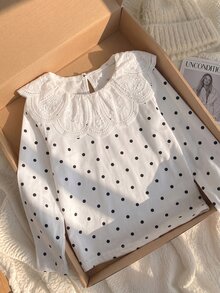 SHEIN 少女蕾絲T恤可愛上衣 Y2K風格長袖上衣 秋季冬季波點白色上衣 - 白色 - 查看 3