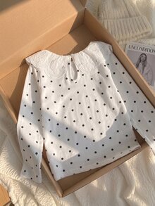 SHEIN 少女蕾絲T恤可愛上衣 Y2K風格長袖上衣 秋季冬季波點白色上衣 - 白色 - 查看 2
