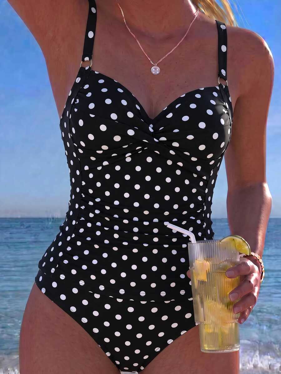 Swim Lushoire 春夏新款熱銷成熟女性粉色波點兩件式雙肩帶背心比基尼套裝