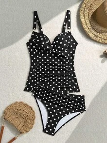 Swim Lushoire 春夏新款熱銷成熟女性粉色波點兩件式雙肩帶背心比基尼套裝 - 黑與白 - 查看 9