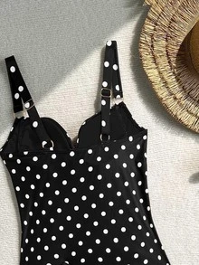 Swim Lushoire 春夏新款熱銷成熟女性粉色波點兩件式雙肩帶背心比基尼套裝 - 黑與白 - 查看 8