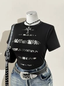 Sunspun Plus Size Women's Y2K Style Ripped Sheer Cover Up,Gothic Lace Patchwork Mesh Top,Black Summer Goth Concert T-Shirt For Holiday,Beach,Halloween - Black - View 5
