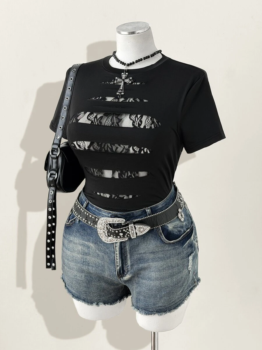 Sunspun Plus Size Women's Y2K Style Ripped Sheer Cover Up,Gothic Lace Patchwork Mesh Top,Black Summer Goth Concert T-Shirt For Holiday,Beach,Halloween - Black - View 1