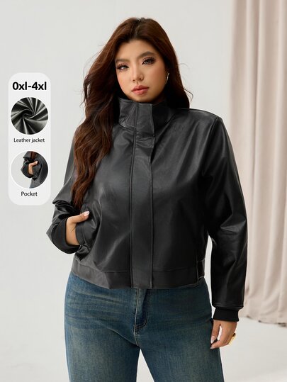 Auralis Black Plus Size Long Sleeve Ribbed Cuff Patchwork Pocket Modern Personalized Stand Collar Zipper PU Jacket Coat