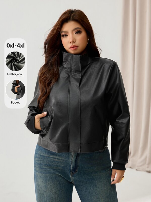Auralis Black Plus Size Long Sleeve Ribbed Cuff Patchwork Pocket Modern Personalized Stand Collar Zipper PU Jacket Coat