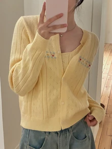 DAZY Hollow Out Fitted Camisole Loose Jacquard Embroidered Long Sleeve Cardigan Cute Girl Fall Sweater 2 Pieces Set Women Brunch Pastel Yellow - Yellow - View 6