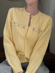 DAZY Hollow Out Fitted Camisole Loose Jacquard Embroidered Long Sleeve Cardigan Cute Girl Fall Sweater 2 Pieces Set Women Brunch Pastel Yellow - Yellow - View 2