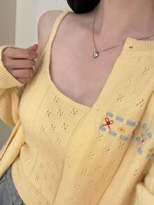DAZY Hollow Out Fitted Camisole Loose Jacquard Embroidered Long Sleeve Cardigan Cute Girl Fall Sweater 2 Pieces Set Women Brunch Pastel Yellow - Yellow - View 5