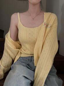 DAZY Hollow Out Fitted Camisole Loose Jacquard Embroidered Long Sleeve Cardigan Cute Girl Fall Sweater 2 Pieces Set Women Brunch Pastel Yellow - Yellow - View 4