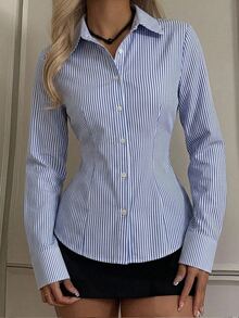 SHEIN EZwear 女款休閒收腰長袖鈕扣襯衫，適合秋冬，條紋襯衫，女款通勤襯衫 - 藍白色 - 查看 1