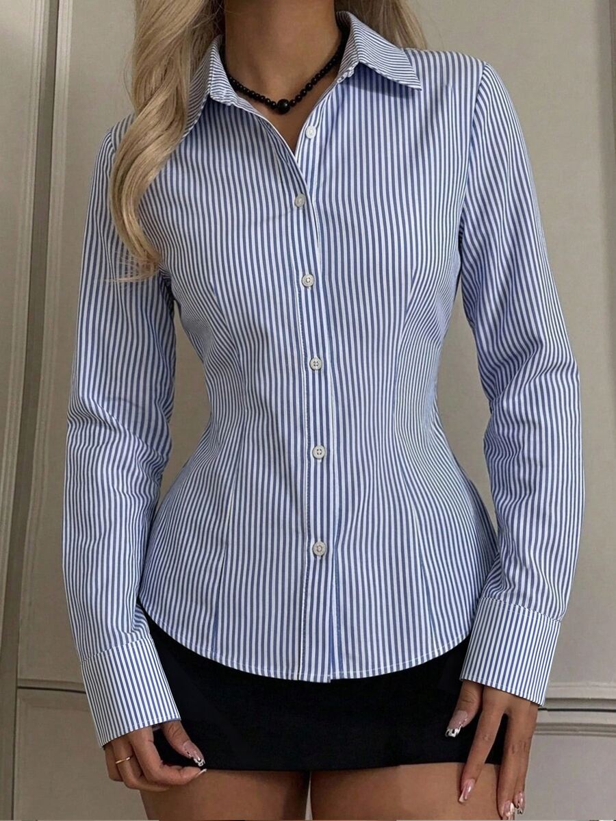 SHEIN EZwear 女款休閒收腰長袖鈕扣襯衫,適合秋冬,條紋襯衫,女款通勤襯衫 - 藍白色 - 查看 1