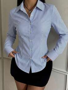 SHEIN EZwear 女款休閒收腰長袖鈕扣襯衫，適合秋冬，條紋襯衫，女款通勤襯衫 - 藍白色 - 查看 3