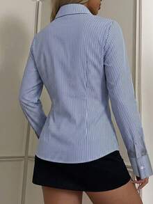 SHEIN EZwear 女款休閒收腰長袖鈕扣襯衫，適合秋冬，條紋襯衫，女款通勤襯衫 - 藍白色 - 查看 2