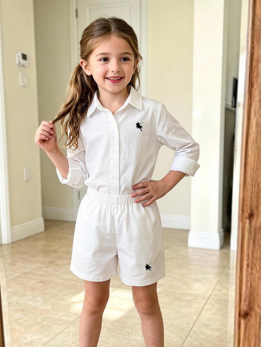 SHEIN Elladie kids 2件組少女不對稱領長袖襯衫，休閒學院風，適合四季穿著
