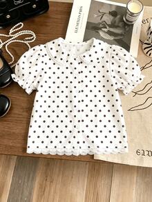 SHEIN Elladie kids 女童彼得潘領蕾絲公主袖波點短袖鈕扣襯衫，棉混紡面料新款時尚上衣，度假旅行必備，適合日常、休閒與派對時尚穿搭 - 白色 - 查看 4