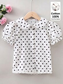 SHEIN Elladie kids 女童彼得潘領蕾絲公主袖波點短袖鈕扣襯衫，棉混紡面料新款時尚上衣，度假旅行必備，適合日常、休閒與派對時尚穿搭 - 白色 - 查看 6