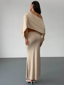 Aloruh 女款純色不對稱領上衣與修身中長裙優雅兩件套 - 卡其色 - 查看 8