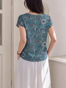 Yumoku 休闲简约夏季风景图案女式圆领衬衫，适合夏季外出穿着，时尚百搭的女士上衣，休闲百搭。 - 彩色 - 查看 6