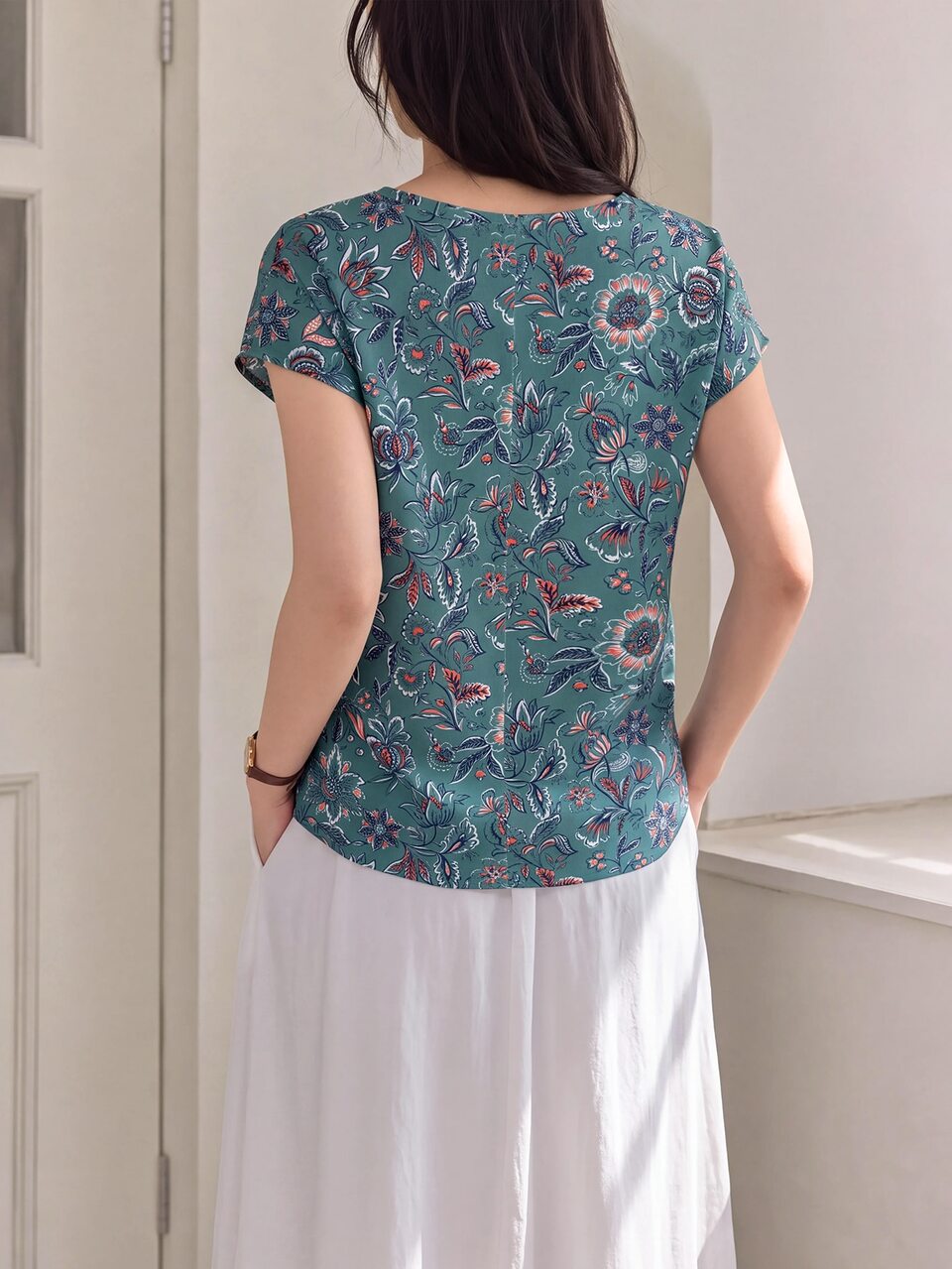 Casual Minimalist Summer Landscape Pattern Women Round Neck Shirt, Suitable For Summer Suitable For Going Out Chic Blouses For Women,Casual