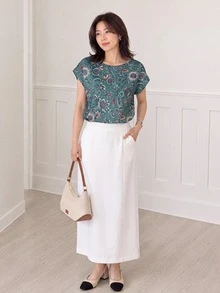 Yumoku 休闲简约夏季风景图案女式圆领衬衫，适合夏季外出穿着，时尚百搭的女士上衣，休闲百搭。 - 彩色 - 查看 5