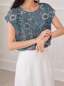 Yumoku 休闲简约夏季风景图案女式圆领衬衫，适合夏季外出穿着，时尚百搭的女士上衣，休闲百搭。 - 彩色 - 查看 2