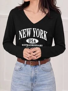 Yumoku Casual Minimalist New York Letter Print Regular V-Neck Long Sleeve Women T-Shirt Suitable For Autumn Clothes City Break Black And White - Black - View 5