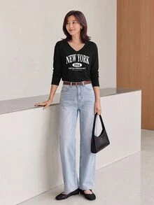 Yumoku Casual Minimalist New York Letter Print Regular V-Neck Long Sleeve Women T-Shirt Suitable For Autumn Clothes City Break Black And White - Black - View 6