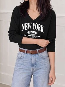 Yumoku Casual Minimalist New York Letter Print Regular V-Neck Long Sleeve Women T-Shirt Suitable For Autumn Clothes City Break Black And White - Black - View 1