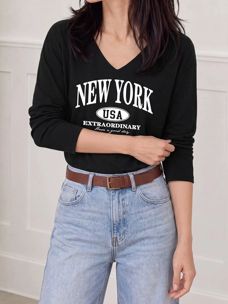 Yumoku Casual Minimalist New York Letter Print Regular V-Neck Long Sleeve Women T-Shirt Suitable For Autumn Clothes City Break Black And White - Black - View 1