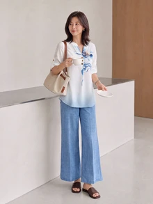 Yumoku 女款休閒優雅水彩花卉印花長袖兩件套 秋冬上衣長褲 藍色與白色水藍色 教師節 - 卡其色 - 查看 5