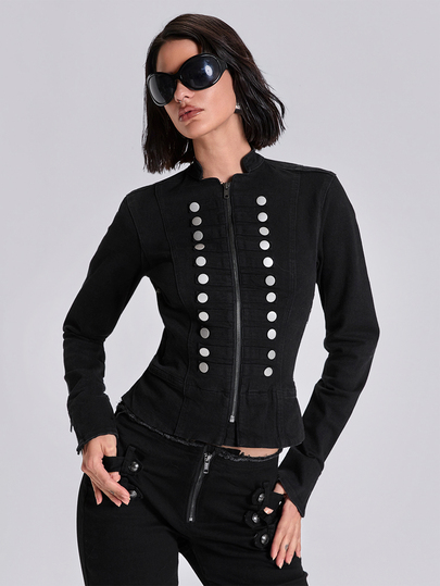 Spring/Autumn/Winter Y2K Street Punk British Style Napoleon Button Decor Solid Color Denim Jacket