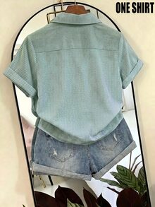 SHEIN Franclia 女款條紋單排扣休閒百搭日常外出襯衫 - 綠色 - 查看 2