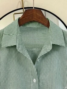 SHEIN Franclia 女款條紋單排扣休閒百搭日常外出襯衫 - 綠色 - 查看 5