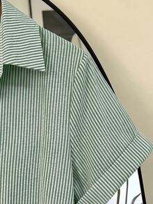 SHEIN Franclia 女款條紋單排扣休閒百搭日常外出襯衫 - 綠色 - 查看 4