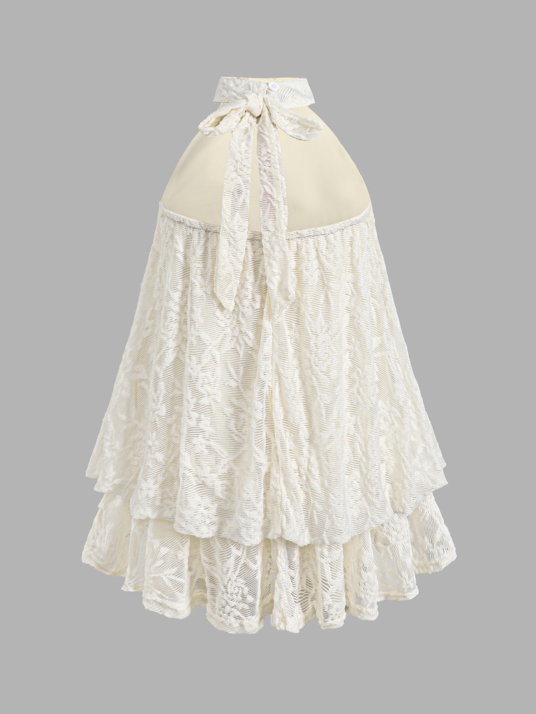 SHEIN Kids Teen Girl Elegant Lace Back Bow Halter Neck Tie Ruched Fashion Vacation Travel Dress, Holiday Dress Summer Ivory Lace Dress, Summer Vacation - Apricot - View 3