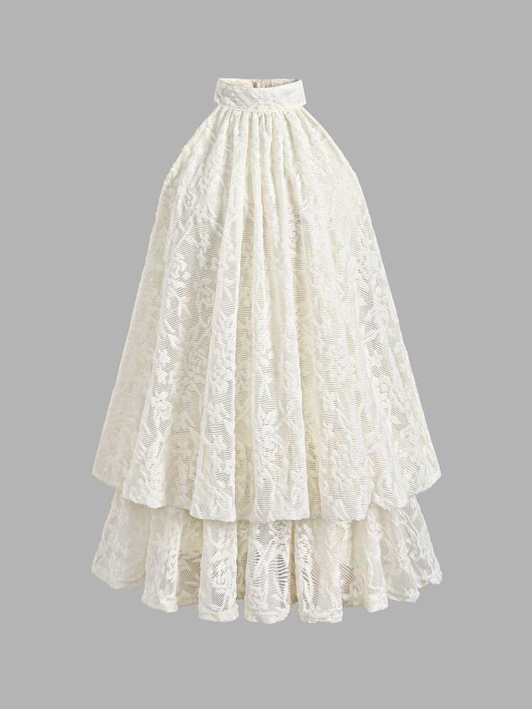 SHEIN Kids Teen Girl Elegant Lace Back Bow Halter Neck Tie Ruched Fashion Vacation Travel Dress, Holiday Dress Summer Ivory Lace Dress, Summer Vacation - Apricot - View 2