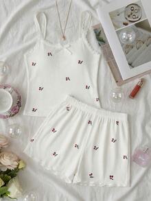 SHEIN 青少年女孩對比蕾絲吊帶背心與短褲居家服 - 彩色 - 查看 4