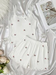 SHEIN 青少年女孩對比蕾絲吊帶背心與短褲居家服 - 彩色 - 查看 3
