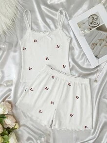 SHEIN 青少年女孩對比蕾絲吊帶背心與短褲居家服 - 彩色 - 查看 5