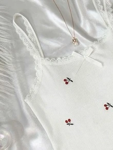 SHEIN 青少年女孩對比蕾絲吊帶背心與短褲居家服 - 彩色 - 查看 2