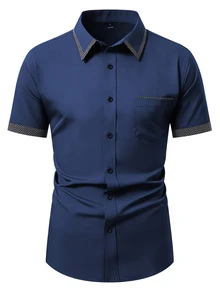 Manfinity Mode Men's Patchwork Plaid Short Sleeve Single-Breasted Casual Shirt - Navy Blue - View 3