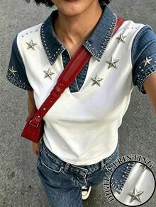 INAWLY 熱銷新款美式復古拼色鉚釘印花翻領V領女款短袖T恤，街頭風，適合外出約會，酷帥個性上衣 - 彩色 - 查看 3