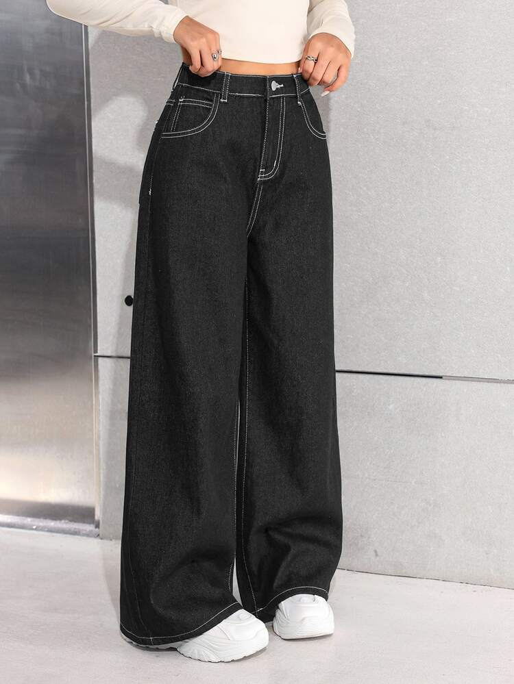 SHEIN Teen Girl Navy Blue Loose Wide-Leg Jeans - Black - View 7