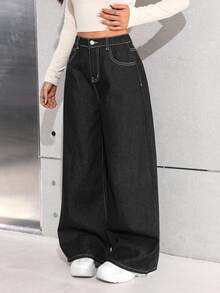 SHEIN Teen Girl Navy Blue Loose Wide-Leg Jeans - Black - View 4